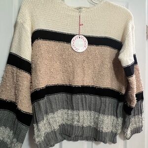 Umgee Women's Striped Sweater - Cream, Black, Gray, Tan